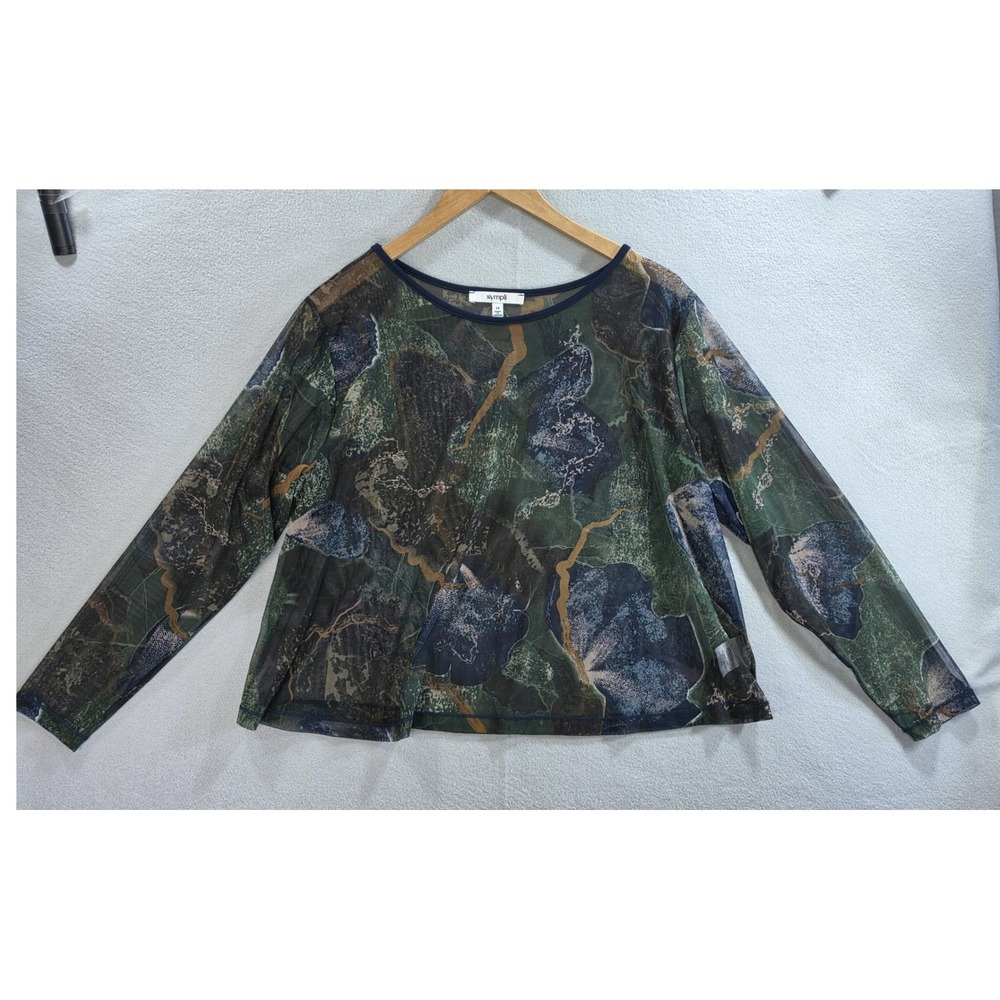 Sympli Whimsigoth Sheer Mesh Abstract Print Top 14 Gorpcore Grunge Earthy Green